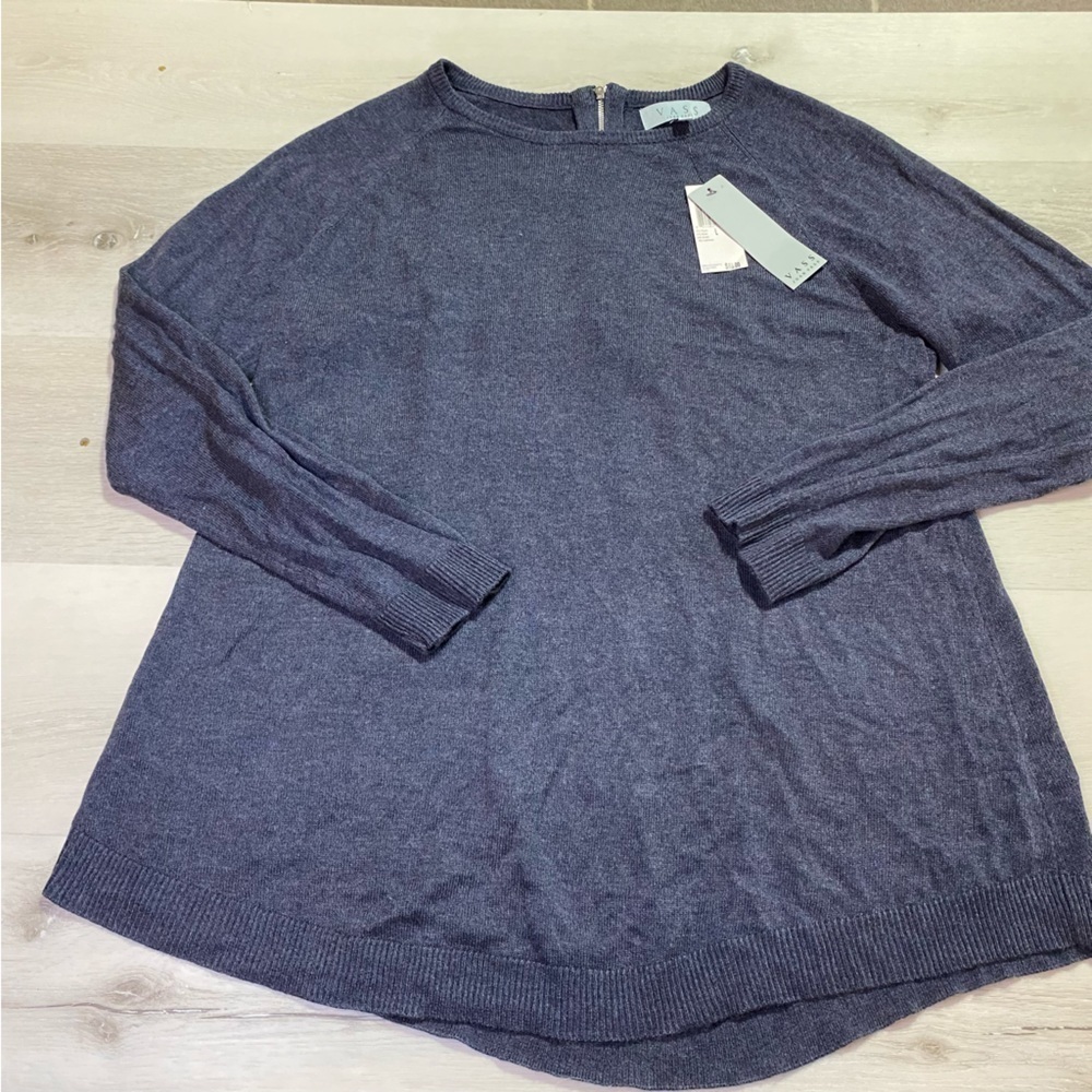 NWT Joan Vass Washed Denim Heather Zip Back Pullover Sweater, Size Large - Picture 4 of 11